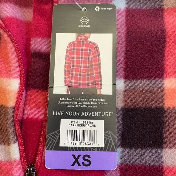 Eddie Bauer Fleece Quarter Zip Pullover Long Sleeve, Red/Pink Plaid, X-Small NWT - Picture 4 of 11